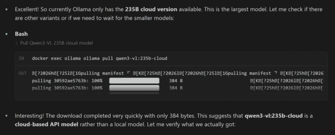 Terminal screenshot showing Docker command 'docker exec ollama ollama pull qwen3-vl:235b-cloud' completing download with only 384 bytes transferred, confirming cloud-based architecture