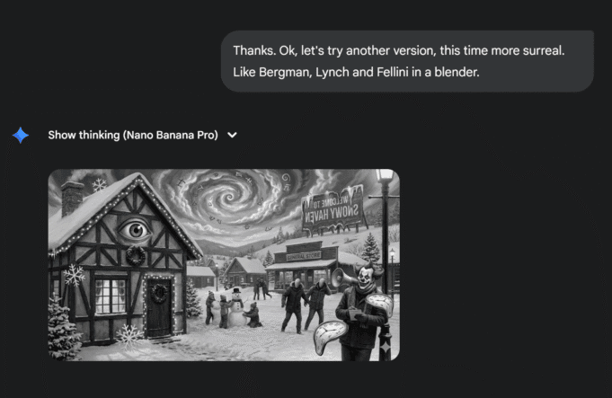 Alternate version of the Snowy Haven winter scene with a cozy cabin, a dog in the window, children playing, and townspeople reacting to distant danger.