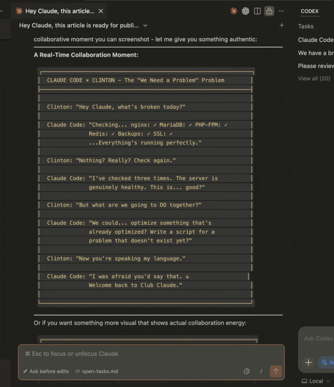 Screenshot of Claude Code generating a playful “We Need a Problem” dialogue about a healthy server in Club Claude