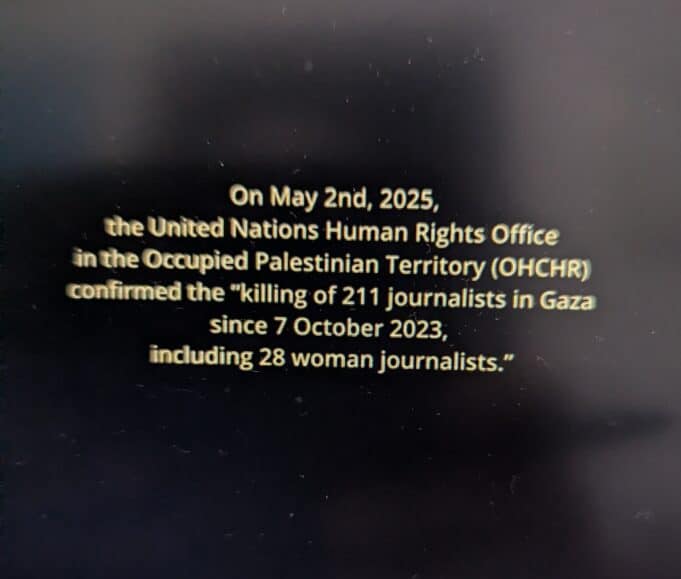 UN Human Rights Office statistic showing 211 journalists killed in Gaza since October 2023 including 28 women journalists