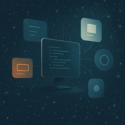 Abstract cosmic illustration of a computer interface connected to floating panels in a star field, representing an AI-powered integrated personal environment
