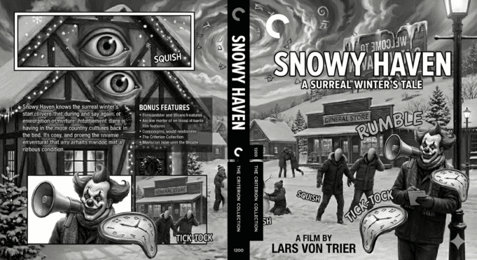 Surreal Criterion-style Blu-ray mockup titled “Snowy Haven,” featuring a clown critic, melting clocks, swirling sky, and distorted comic-style panels.