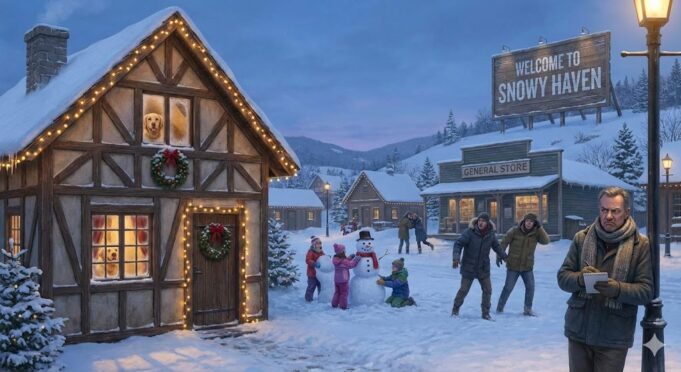 Cozy snowy winter village scene with children building a snowman, a dog in the cabin window, and townspeople reacting to an APB alert.