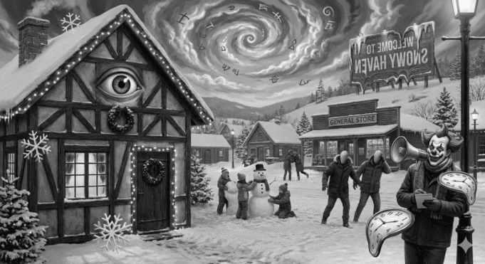 Alternate surreal Snowy Haven scene with large eye imagery, eerie winter village, and stylized motion words like “Rumble” and “Squish.”