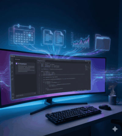 A futuristic home office setup featuring a widescreen monitor running Cursor IDE as an Integrated Personal Environment (IPE). Holographic icons floating above the screen represent personal tasks like home inventory, financial planning, and document organization, illustrating how to use AI coding tools for life management.