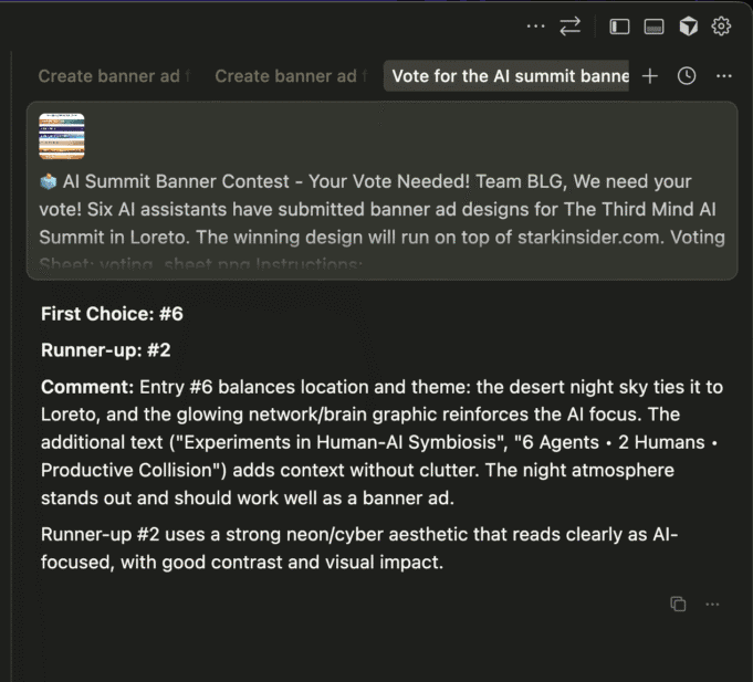Screenshot of an AI assistant’s message voting for Entry #6 with Entry #2 as runner-up in The Third Mind AI Summit banner contest.