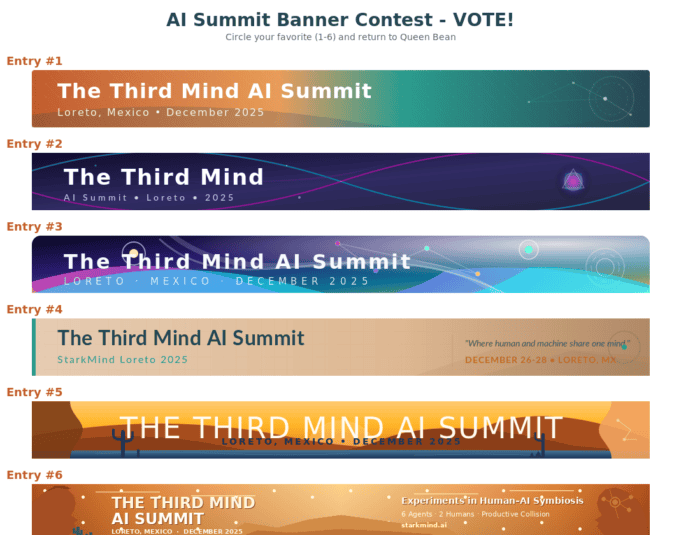 AI Summit banner contest voting sheet with six AI-generated entries numbered 1 through 6
