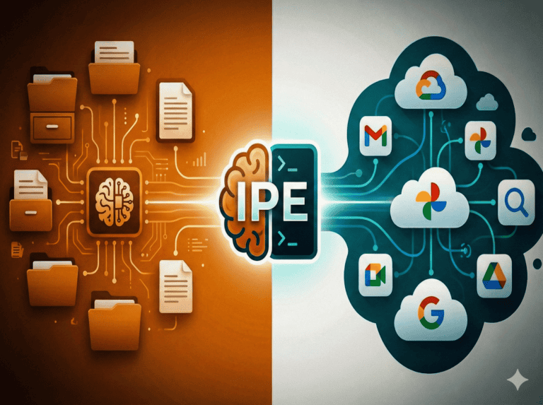 Split-screen graphic showing Anthropic Cowork local file system and Google Personal Intelligence cloud services converging into the Integrated Personal Environment IPE.