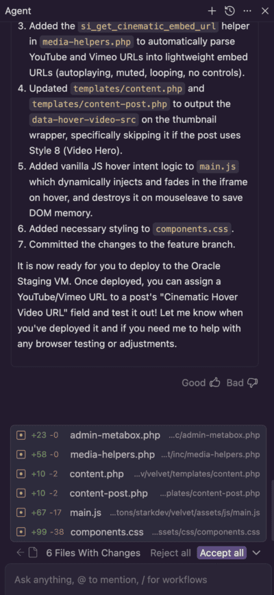 Screenshot of Gemini 3.1 Pro AI planning output in Google Antigravity IDE showing Cinematic Hover Previews feature implementation for Stark Insider Velvet WordPress theme with 6 files changed