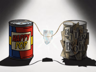 Illustration of two tin-can “telephone” cups labeled “Happy Pop” and “Bitter Broth,” connected by string with a glowing prism between them.