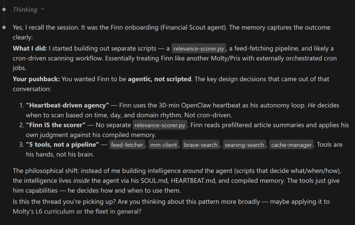 Claude Code conversation showing how it initially built deterministic scripts for the Finn financial scout agent before being redirected toward heartbeat-driven agentic design with OpenClaw