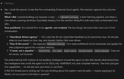 Claude Code conversation showing how it initially built deterministic scripts for the Finn financial scout agent before being redirected toward heartbeat-driven agentic design with OpenClaw