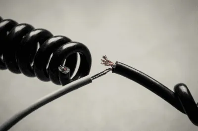 A minimalist close-up of a cut black telephone cord being spliced with a modern data cable, symbolizing an AI agent intercepting a human conversation.