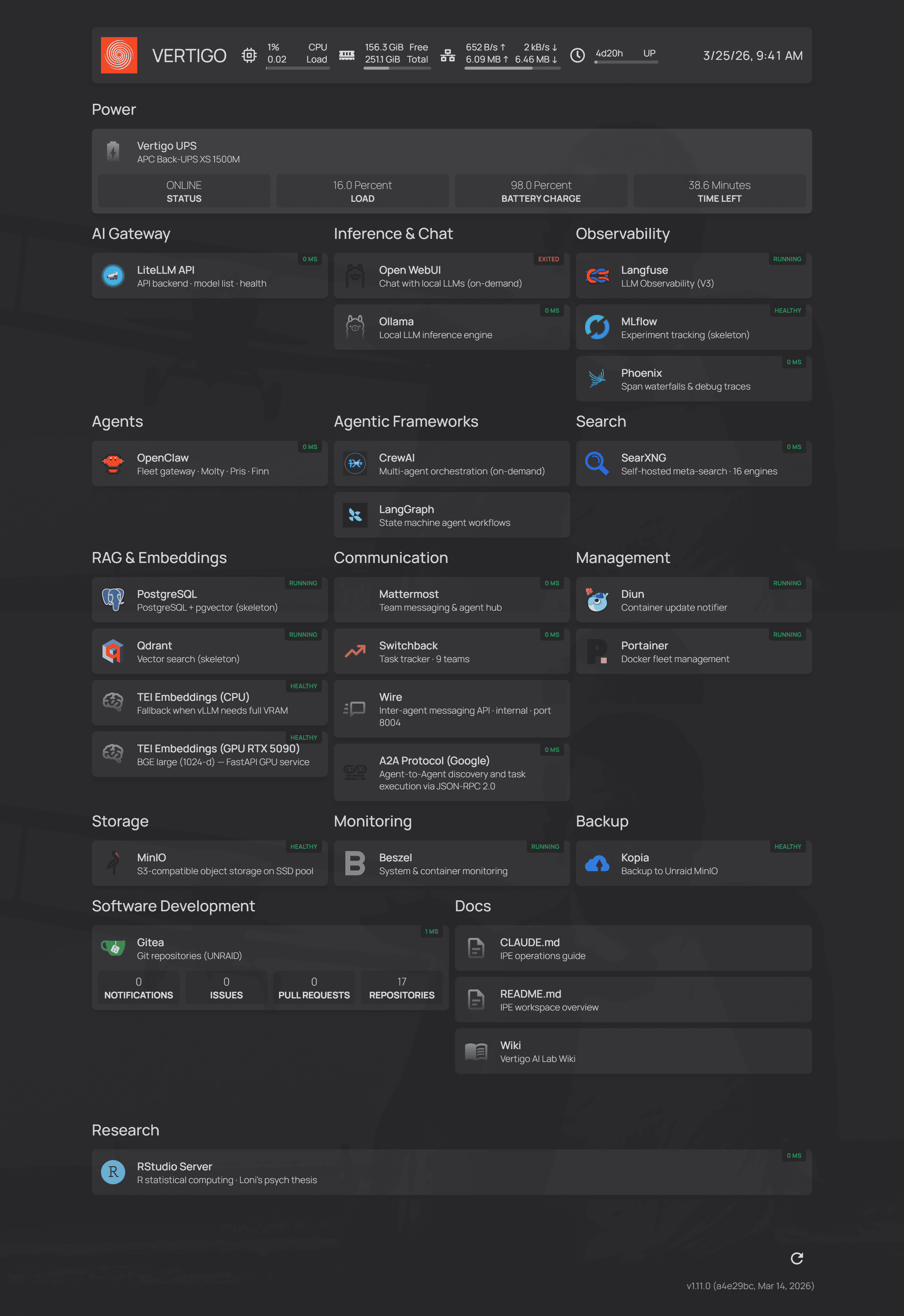 Screenshot of the Vertigo AI Lab homepage dashboard showing the full StarkBench infrastructure stack including Ollama, LangGraph, Langfuse, Arize Phoenix, SearXNG, Qdrant, LiteLLM, and CrewAI running on an AMD Threadripper system with NVIDIA RTX 5090.
