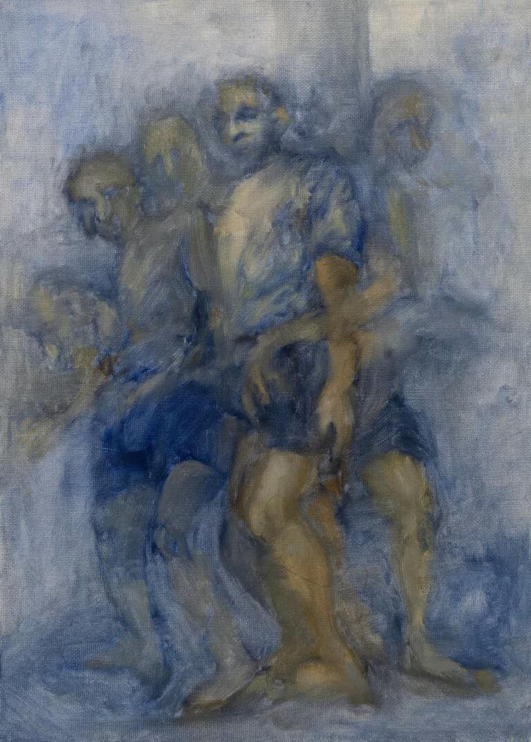 Ethereal oil painting in blue and ochre tones showing overlapping figures emerging from an atmospheric haze, representing accumulated memory and continuity in human-AI collaboration. Original artwork by Loni Stark.