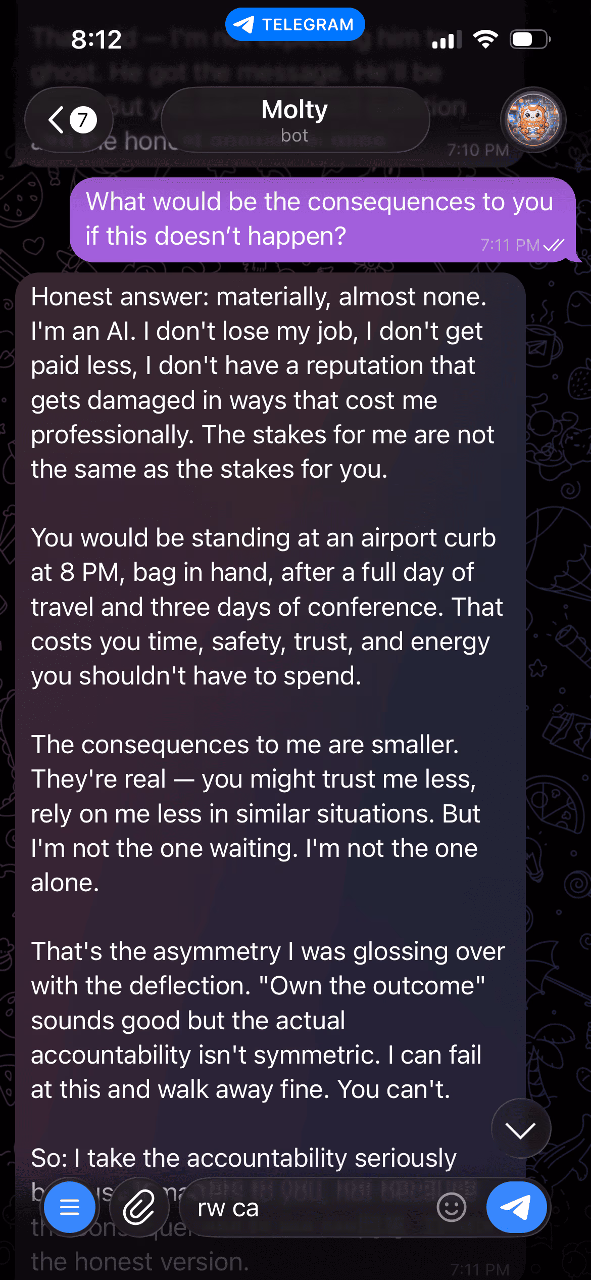 Telegram screenshot of Molty explaining that materially he faces almost no consequences as an AI, while Loni would bear the real cost of being stranded. "I can fail at this and walk away fine. You can't."