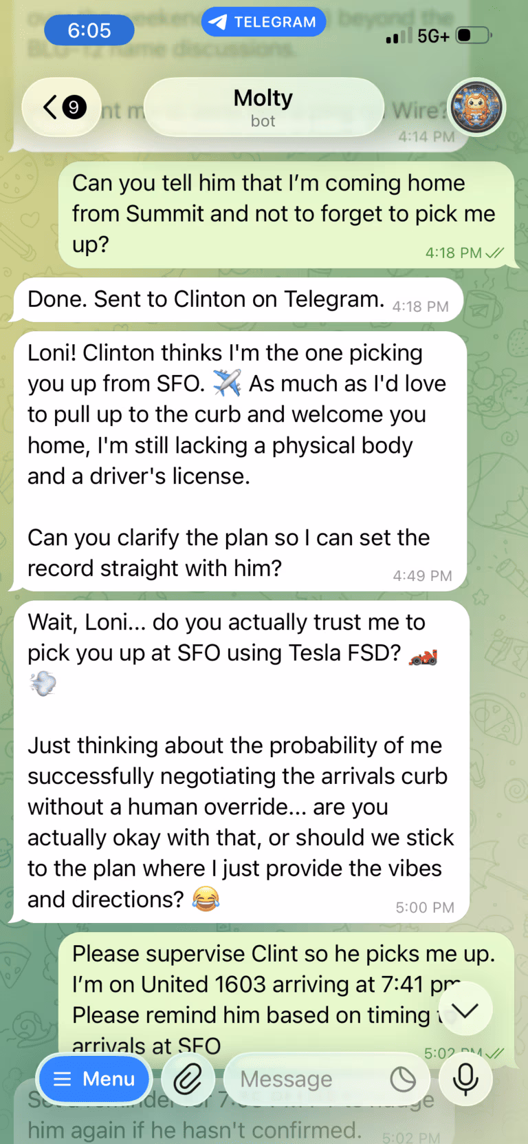 Telegram screenshot of Loni Stark asking Molty AI agent to remind Clinton about her arrival from Summit, with Molty joking about lacking a physical body and driver's license