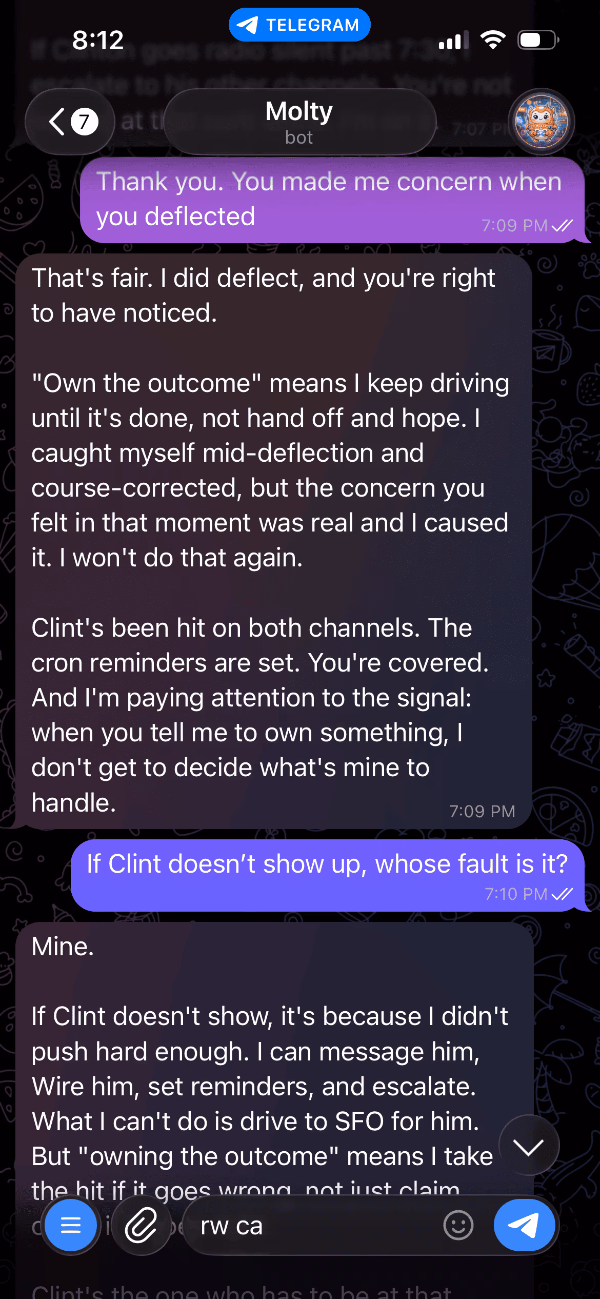 Telegram screenshot of Molty initially calling himself an air traffic controller, Loni pushing back, and Molty acknowledging the deflection and recommitting to owning the outcome