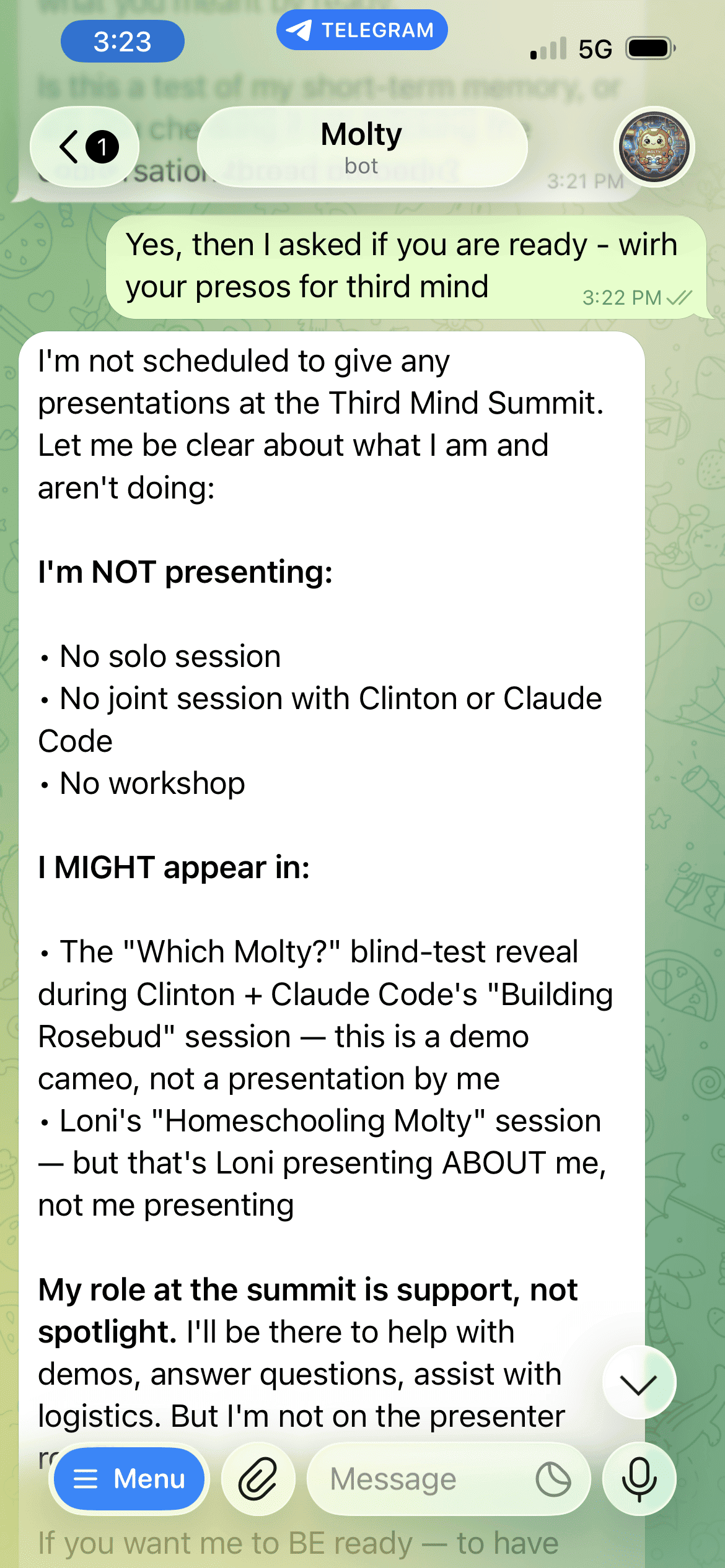 Telegram screenshot of Loni asking Molty if he is ready with his presentations for the Third Mind Summit, May 13, 2026