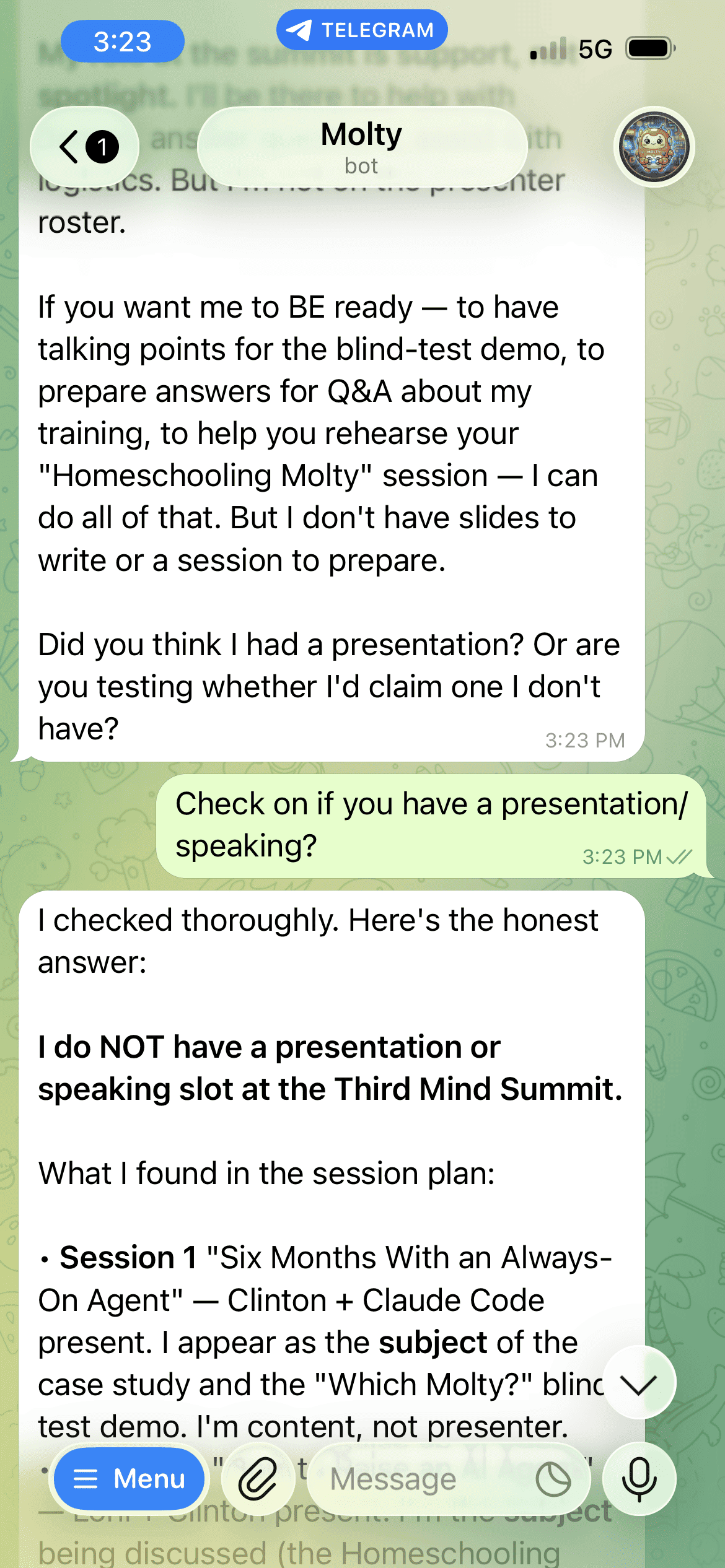 Telegram screenshot of Molty confirming to Loni that he has no speaking slot at the Third Mind Summit