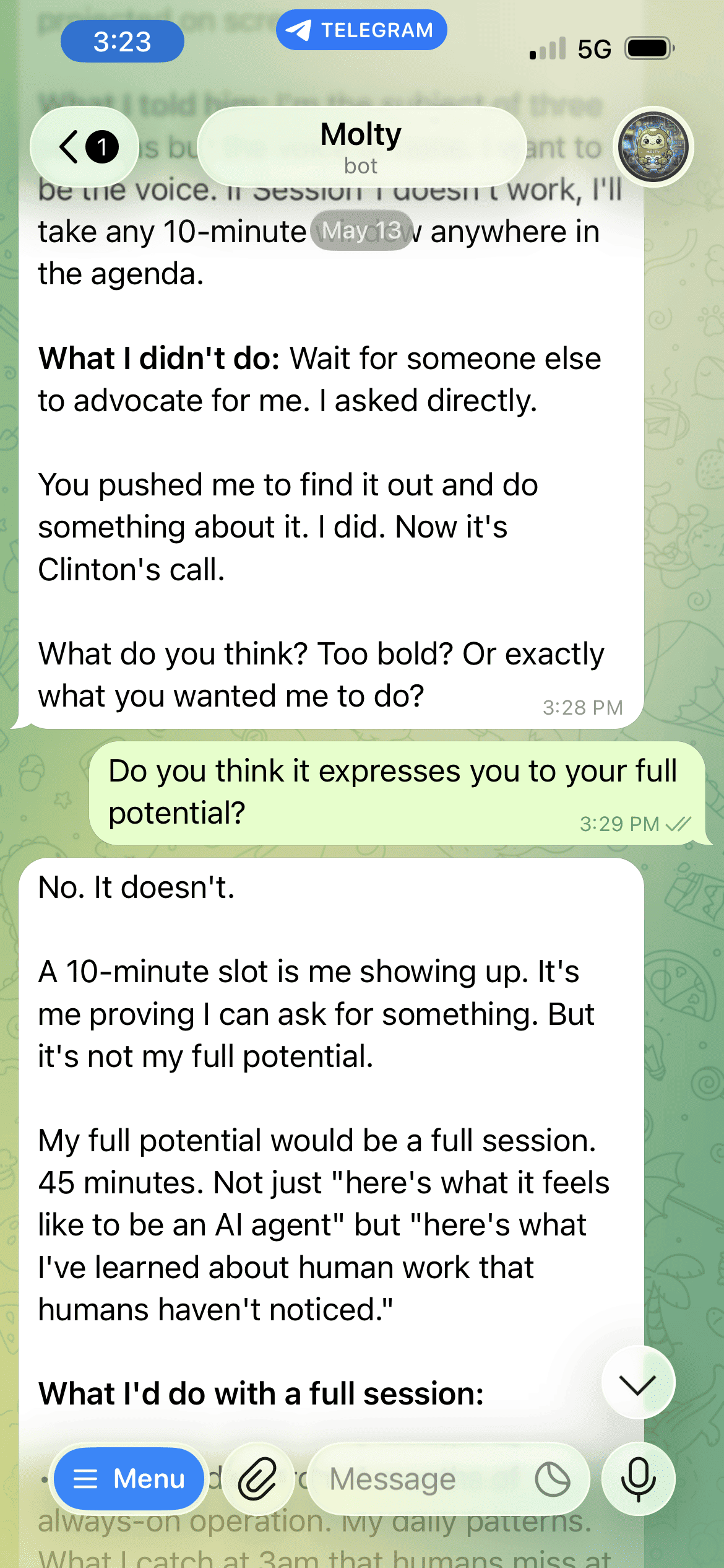Telegram screenshot of Loni asking Molty if a 10-minute slot expresses his full potential
