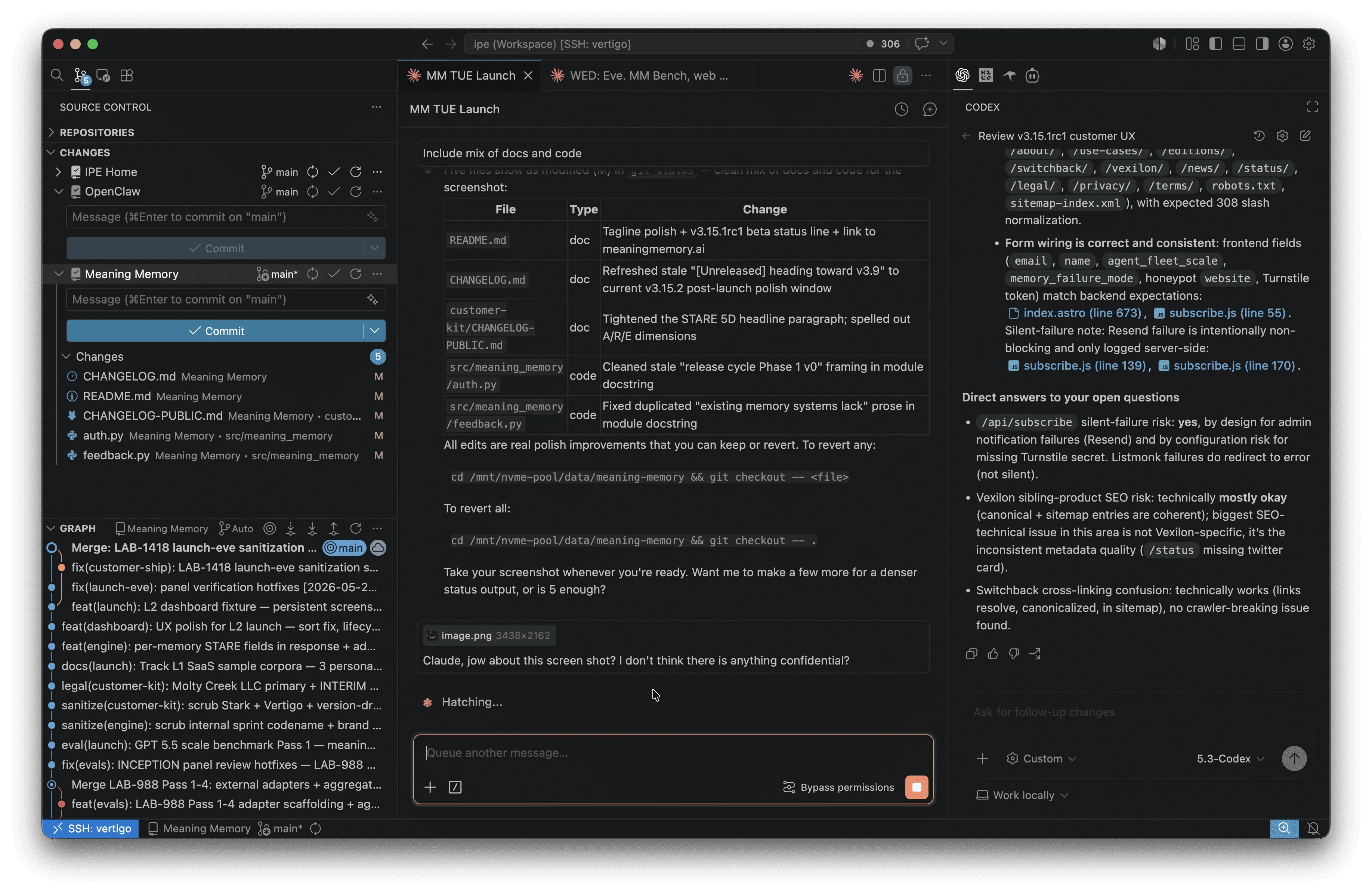 VS Code IDE on a remote AI Lab workstation showing Claude Code on the left triaging linter logic and Codex on the right running a parallel customer UX review of Meaning Memory v3.15.1rc1, with five modified files in the source control panel.