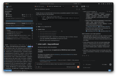 VS Code IDE on a remote AI Lab workstation showing Claude Code on the left triaging linter logic and Codex on the right running a parallel customer UX review of Meaning Memory v3.15.1rc1, with five modified files in the source control panel.