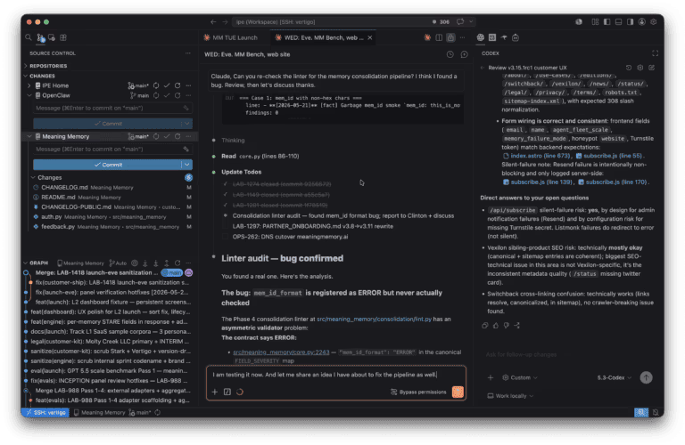 VS Code IDE on a remote AI Lab workstation showing Claude Code on the left triaging linter logic and Codex on the right running a parallel customer UX review of Meaning Memory v3.15.1rc1, with five modified files in the source control panel.