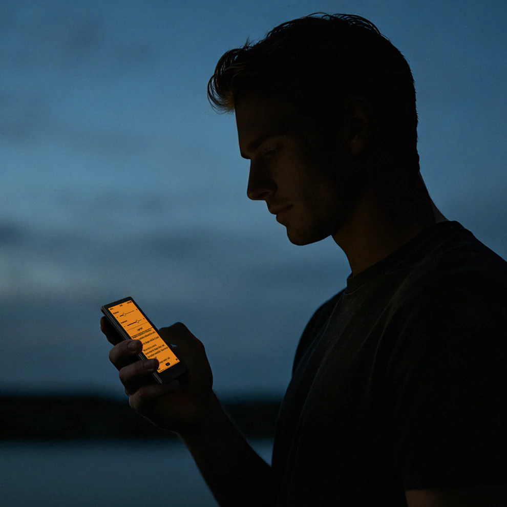 A reader holds the XTEINK X4 Pro at dusk beside water, the warm amber front light illuminating the text against a dark blue sky