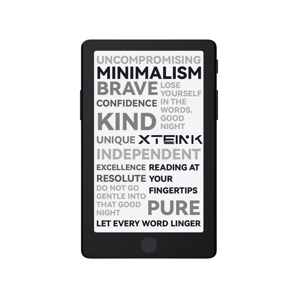 Front view of the XTEINK X4 Pro pocket e-reader on a white background, its e-ink screen showing a typographic word cloud