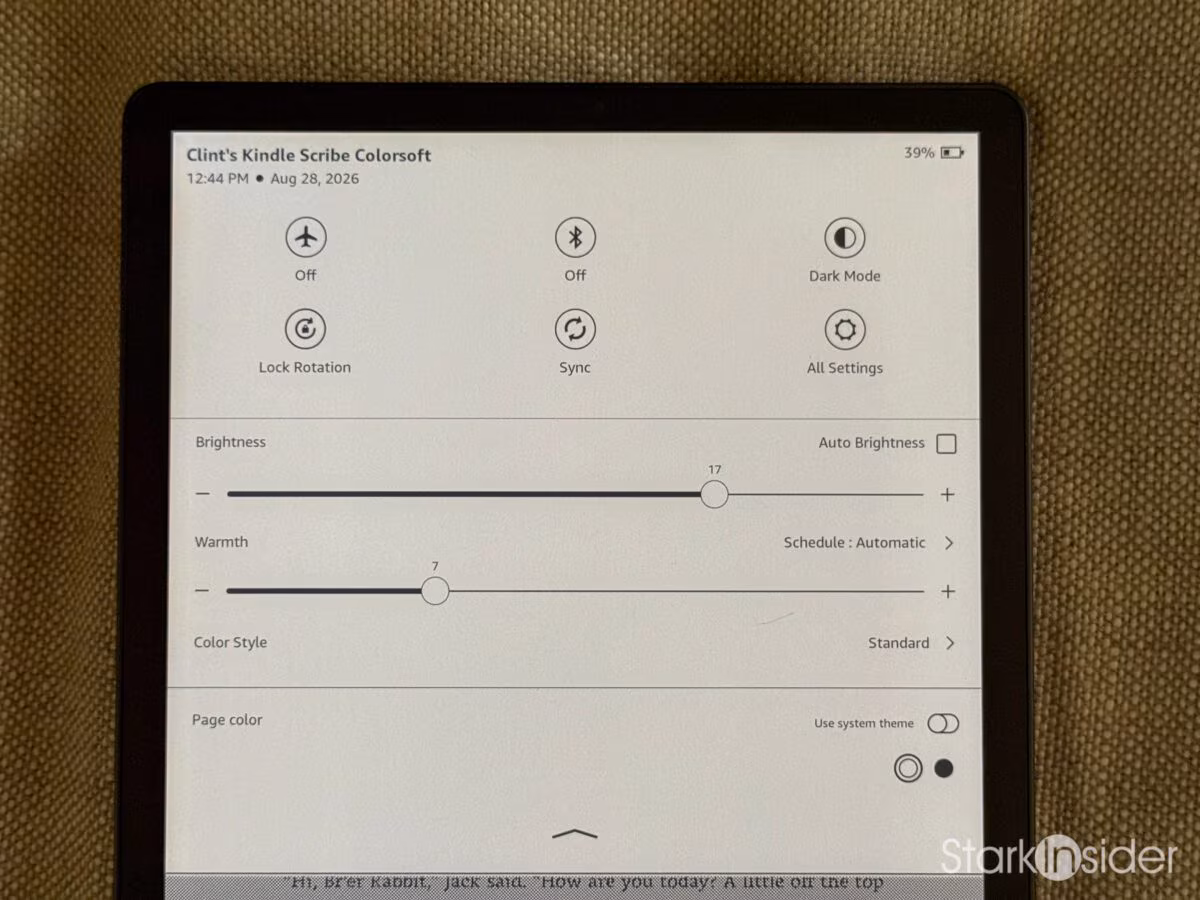 Kindle Scribe Colorsoft settings panel showing the front light brightness slider at 17 and warmth at 7