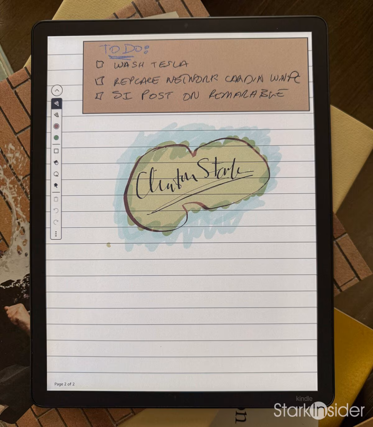 Handwritten to-do list and signature in colour on a Kindle Scribe Colorsoft notebook page, with the pen toolbar visible along the left edge