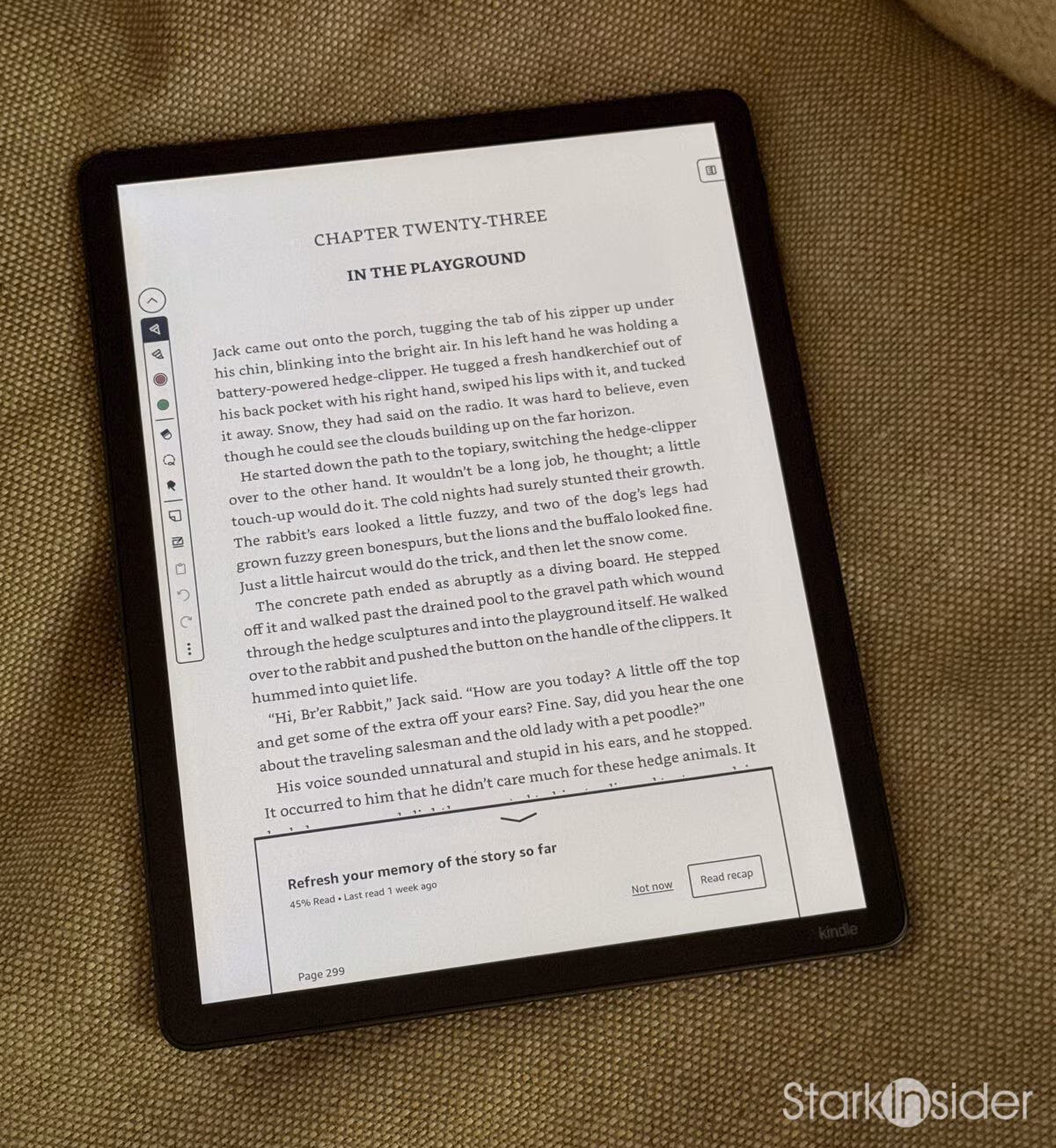 Kindle Scribe Colorsoft displaying a text page from Stephen King's The Shining at 300 PPI