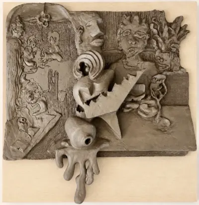 Unfired clay relief sculpture by artist Loni Stark showing figures, faces and interior scenes worked across a single panel, photographed before its first bisque firing