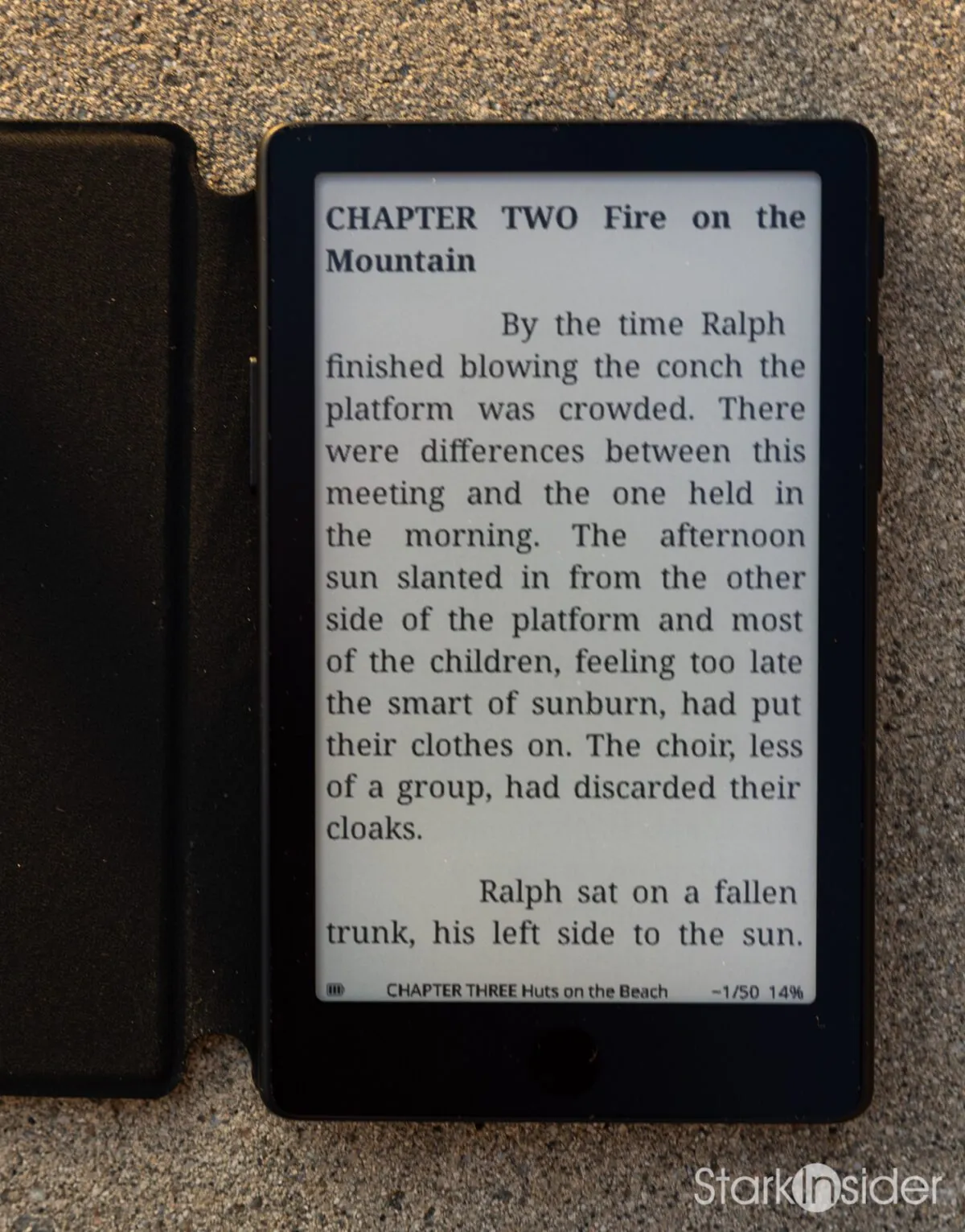 The XTEINK X4 Pro open in a folio-style case, displaying Chapter Two of Lord of the Flies with a page progress indicator showing 14 percent