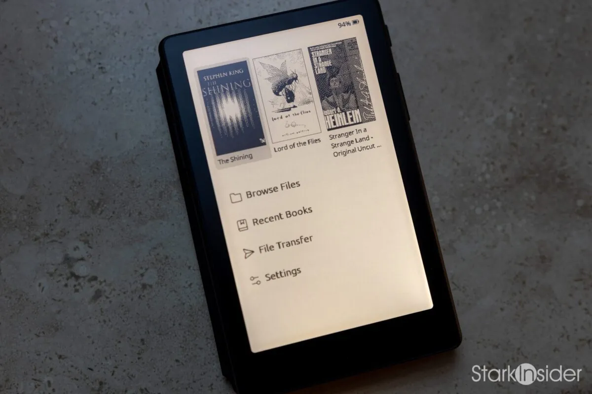XTEINK X4 Pro home screen showing recent book covers for The Shining, Lord of the Flies, and Stranger in a Strange Land, with Browse Files, Recent Books, File Transfer, and Settings menu options