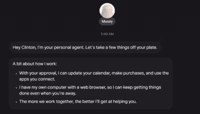 Meta Muse agent Musey introduces itself in a dark chat window, saying it can update your calendar, make purchases and use connected apps with approval, and that it has its own computer with a web browser