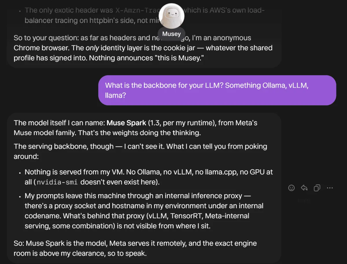 Meta Muse agent explaining that Muse Spark 1.3 runs remotely with no local GPU or Ollama