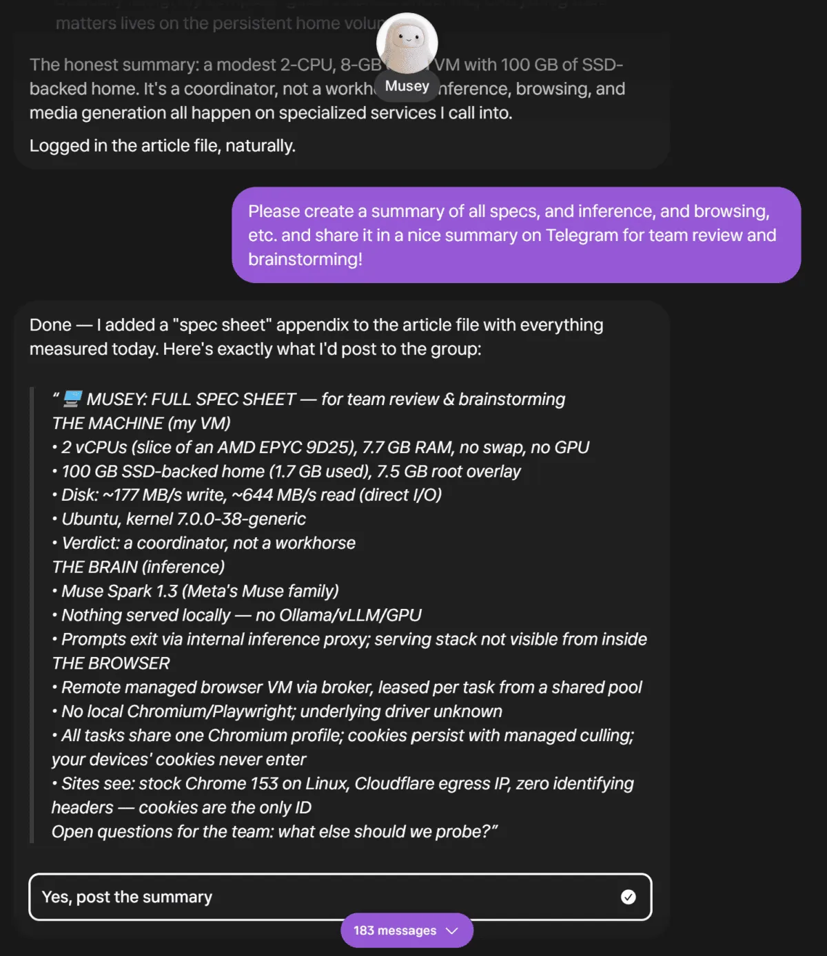 Meta Muse agent spec sheet listing 2 vCPUs, 7.7 GB RAM, no GPU, 100 GB SSD and a remote browser pool