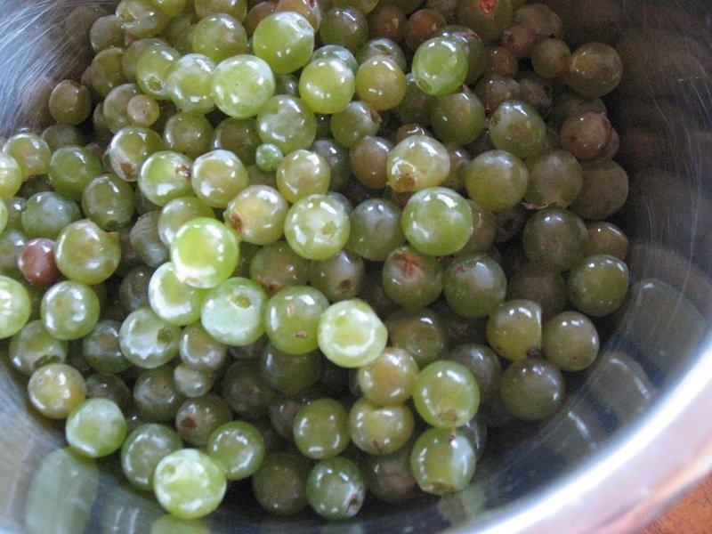 Title: Clean Sauvignon Blanc Grapes Alt text: Washed Sauvignon Blanc grapes in a stainless steel mixing bowl, ready for homemade jam.