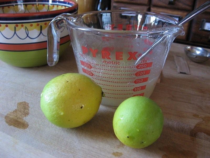 Fresh Lemon Juice for Jam Recipe Two lemons beside a cup of fresh lemon juice