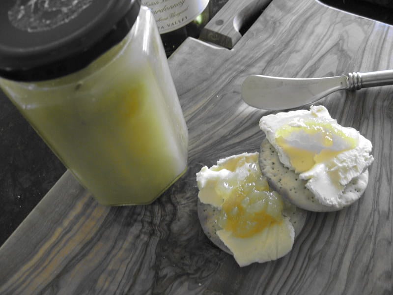 Grape Jam and Cheese Appetizer Grape jam served on crackers with triple cream cheese