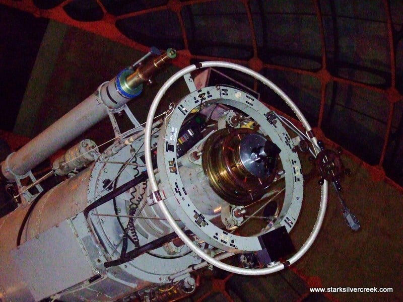 A close up of the Lick Observatory telescopy main refractor